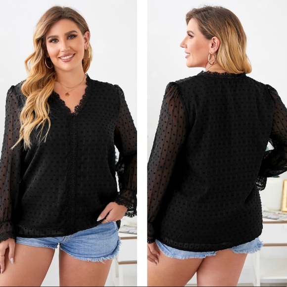 Black Plus Size Swiss Dot Lace Trim Long Sleeve Puff Sleeve Blouse - Picture 2 of 3